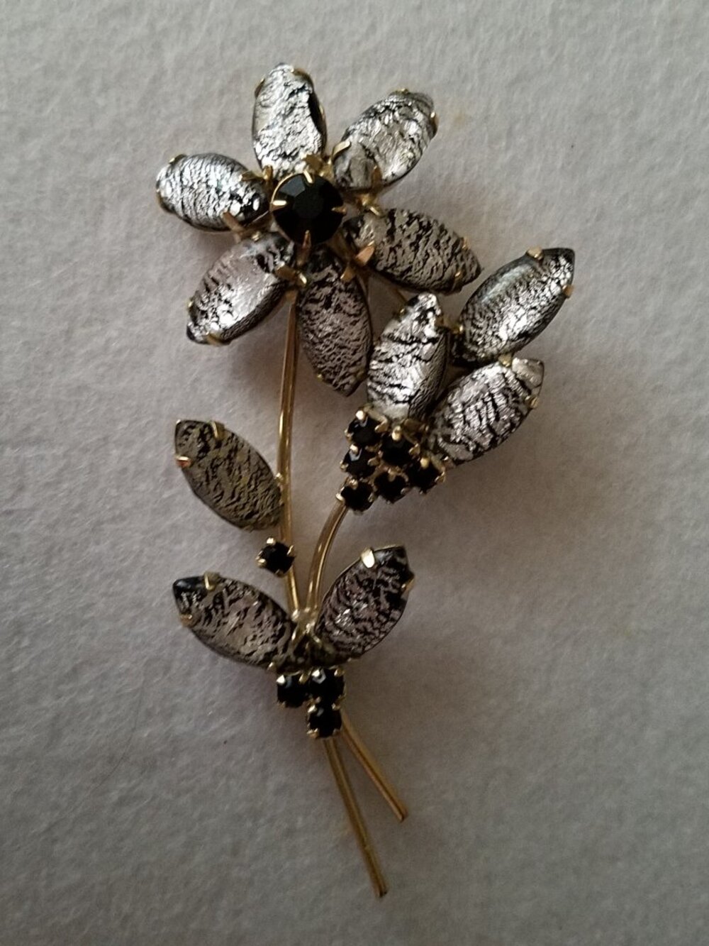 Vintage Black Foil Glass and Black Rhinestone Floral Brooch